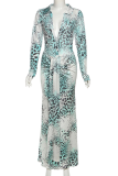 Green Sexy Print Ruched Deep V Neck Long Sleeve Two Pieces