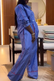 Blue Casual Stripe Buckle Turndown Collar Long Sleeve Two Pieces