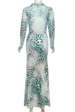 Green Sexy Print Ruched Deep V Neck Long Sleeve Two Pieces