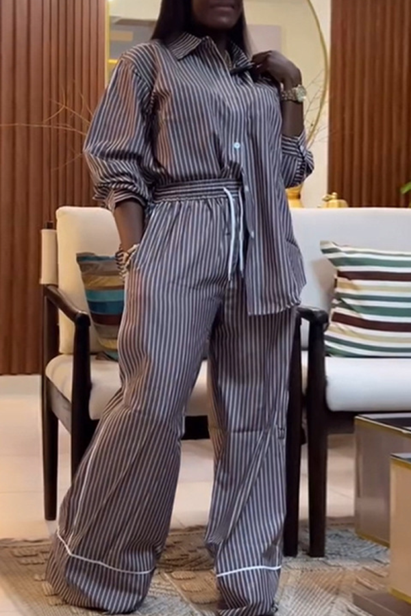 Black Casual Stripe Buckle Turndown Collar Long Sleeve Two Pieces