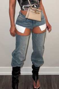 Light Blue Street Solid Color Hollow Out Mid Waist Regular Denim Jeans