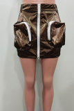 Dark Brown Street Solid Color Pocket Zipper Straight Patchwork Bottoms