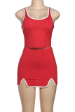 Red Sexy Contrast U Neck Sleeveless Two Pieces