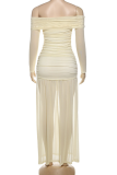 Apricot Elegant Solid Color Slit Off Shoulder Long Dresses