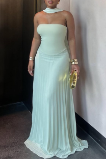 Mint green Sexy Solid Color Pleated Strapless Long Dresses