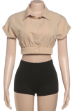 Khaki Casual Solid Color Buckle Turndown Collar Short Sleeve Two Pieces