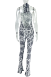 Grey Sexy Print O Neck Skinny Jumpsuits