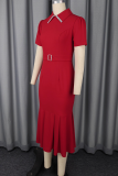 Red Elegant Solid Color Sequins Turndown Collar Wrapped Skirt Dresses