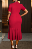 Red Elegant Solid Color Sequins Turndown Collar Wrapped Skirt Dresses