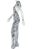 Grey Sexy Print O Neck Skinny Jumpsuits