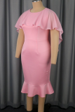 Pink Elegant Solid Color Flounce O Neck Evening Dresses