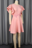 Pink Elegant Solid Color Embroidered Zipper O Neck Long Dresses