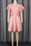 Pink Elegant Solid Color Embroidered Zipper O Neck Long Dresses