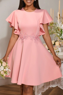 Pink Elegant Solid Color Embroidered Zipper O Neck Long Dresses