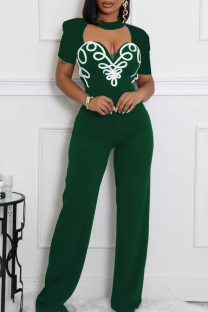 Green Sexy Stripe Hollow Out O Neck Regular Jumpsuits