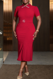 Red Elegant Solid Color Sequins Turndown Collar Wrapped Skirt Dresses
