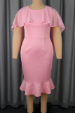 Pink Elegant Solid Color Flounce O Neck Evening Dresses