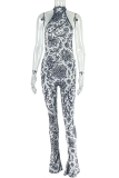 Grey Sexy Print O Neck Skinny Jumpsuits