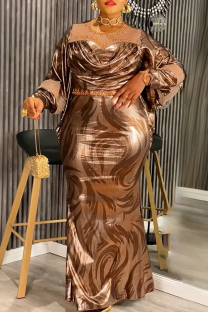 Light Brown Elegant Solid Color Hot Drill O Neck Long Plus Size Dresses