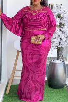 Rose Red Elegant Solid Color Hot Drill O Neck Long Plus Size Dresses