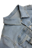Light Blue Casual Solid Color Pocket Buckle Turndown Collar Short Sleeve Skinny Denim Jumpsuits