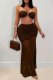 Deep Coffee Sexy Solid Color Backless Strapless Sleeveless Two Pieces