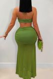 Deep Coffee Sexy Solid Color Backless Strapless Sleeveless Two Pieces