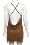 Brown Sexy Solid Color Backless Spaghetti Strap Wrapped Skirt Dresses