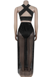 Green Sexy Solid Color Fringed Trim Ruched Asymmetrical Collar Sleeveless Two Pieces