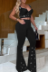 Black Sexy Solid Color Hollow Out Spaghetti Strap Sleeveless Two Pieces