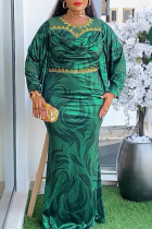 Green Elegant Solid Color Hot Drill O Neck Long Plus Size Dresses