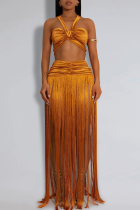 Brown Sexy Solid Color Fringed Trim Ruched Asymmetrical Collar Sleeveless Two Pieces