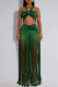 Green Sexy Solid Color Fringed Trim Ruched Asymmetrical Collar Sleeveless Two Pieces