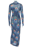 Blue Black Elegant Print Patchwork O Neck Printed Dresses