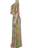 Green Yellow Casual Stripe Patchwork O Neck Half Sleeve Two Pieces