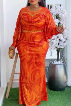 Orange Elegant Solid Color Hot Drill O Neck Long Plus Size Dresses
