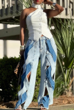 Blue Casual Hollow Out Contrast Mid Waist Loose Denim Jeans