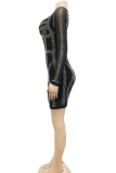 Black Sexy Solid Color Hot Drill Asymmetrical Collar Wrapped Skirt Dresses