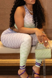 Green Casual Print Hollow Out O Neck Sleeveless Two Pieces