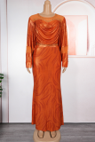 Rose Red Elegant Solid Color Hot Drill O Neck Long Plus Size Dresses