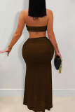 Deep Coffee Sexy Solid Color Backless Strapless Sleeveless Two Pieces