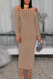 Apricot Elegant Solid Color Hot Drill Off Shoulder Long Dresses