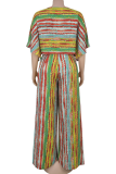 Green Yellow Casual Stripe Patchwork O Neck Half Sleeve Two Pieces