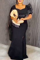 Black Elegant Solid Color Slit Zipper Rhinestone Decor Square Neck Long Plus Size Dresses
