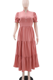 Peach Elegant Solid Color Buckle Mandarin Collar A Line Dresses