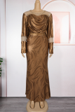 Rose Red Elegant Solid Color Hot Drill O Neck Long Plus Size Dresses