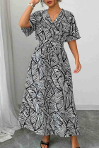 Black White Elegant Print V Neck Long Dresses