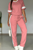 Pink Casual Solid Color Contrast O Neck Short Sleeve Two Pieces