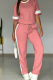 Pink Casual Solid Color Contrast O Neck Short Sleeve Two Pieces