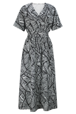Black White Elegant Print V Neck Long Dresses